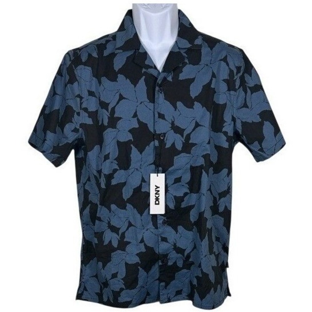 DKNY Mens Short Sleeve Button Up Shirt Blue Black Floral Leaf DK15SW2200 Small
